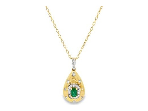 18K Yellow Gold Emerald Halo Teardrop Necklace with Natural Diamonds